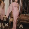 Blush Satin Draped Gown “Rose Veil” DR346